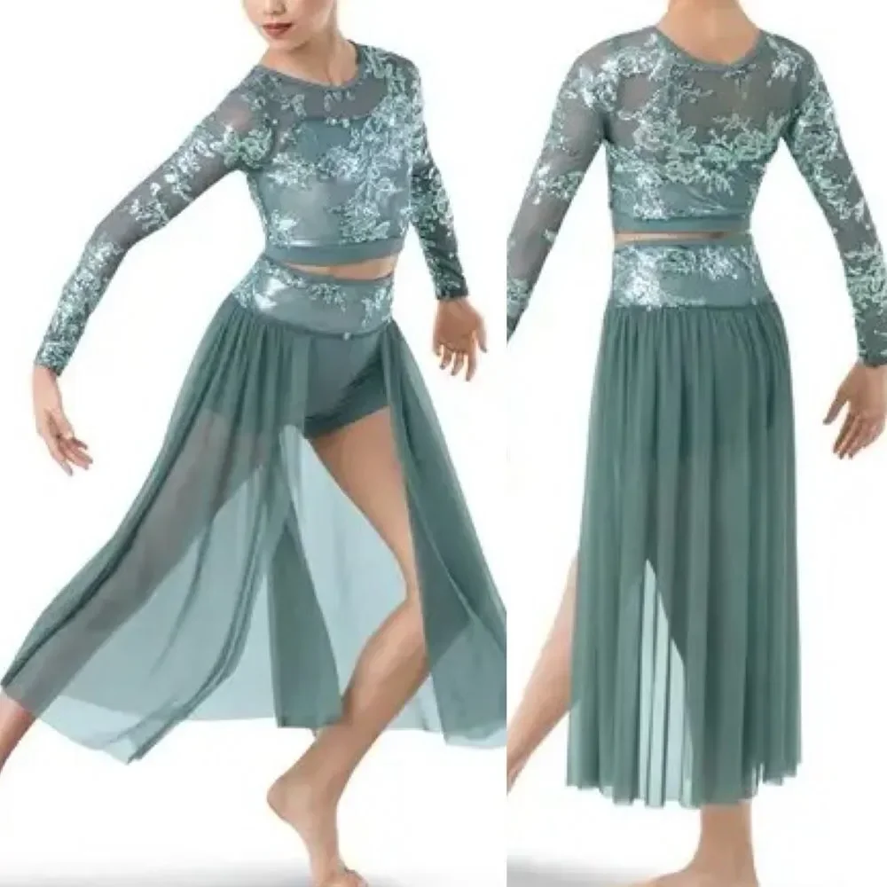 WEISSMAN Dance Costume 2 piece Sage green sequin Guiltfree 10337 SA adult